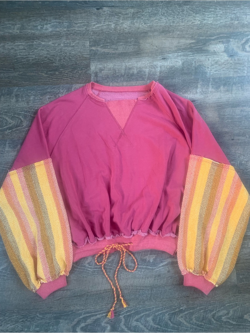 We the Free Boho Oversizwd Boxy Cropped Sweatshirt with Striped Boho Puff Sleeve